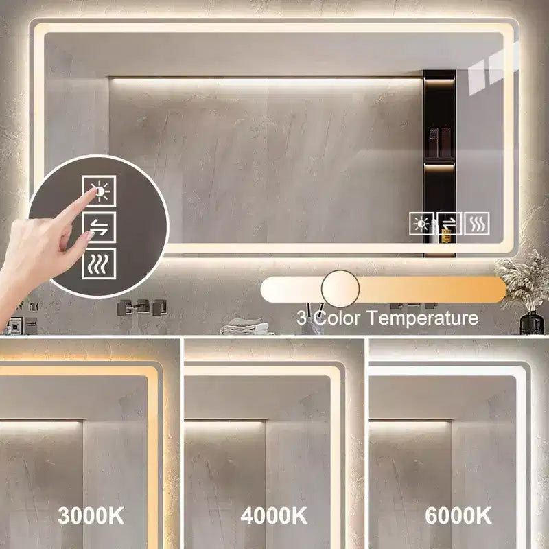 Specchio da bagno LED 48x32: 3 colori, luminosità regolabile su 5 livelli, antiappannamento, montaggio a parete, orizzontale/verticale