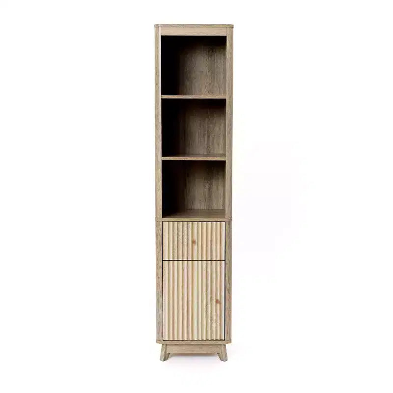 LuxenHome Natural Finish Wave-Patterned Manufactured Wood 1-Drawer 1-Door Bathroom Tower Cabinet Brown