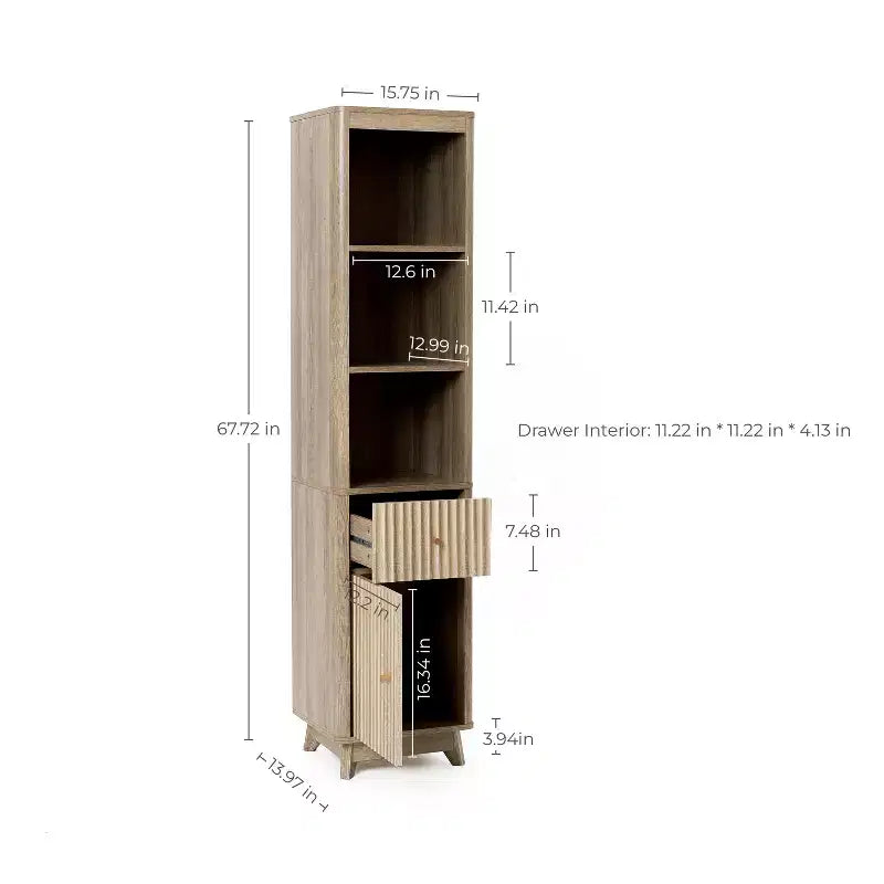 Wave-Patterned Bathroom Tower Cabinet with 1 Drawer & 1 Door, Natural Brown Finish