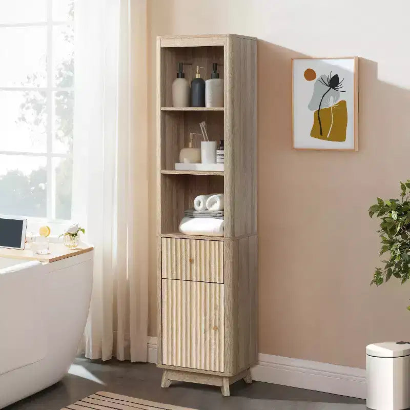 Wave-Patterned Bathroom Tower Cabinet with 1 Drawer & 1 Door, Natural Brown Finish