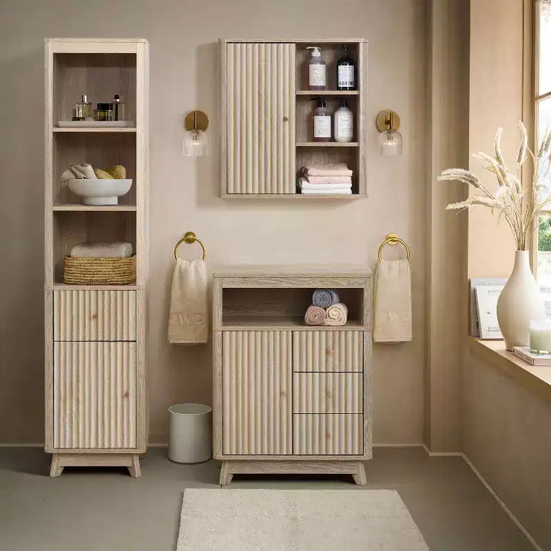 Wave-Patterned Bathroom Tower Cabinet with 1 Drawer & 1 Door, Natural Brown Finish
