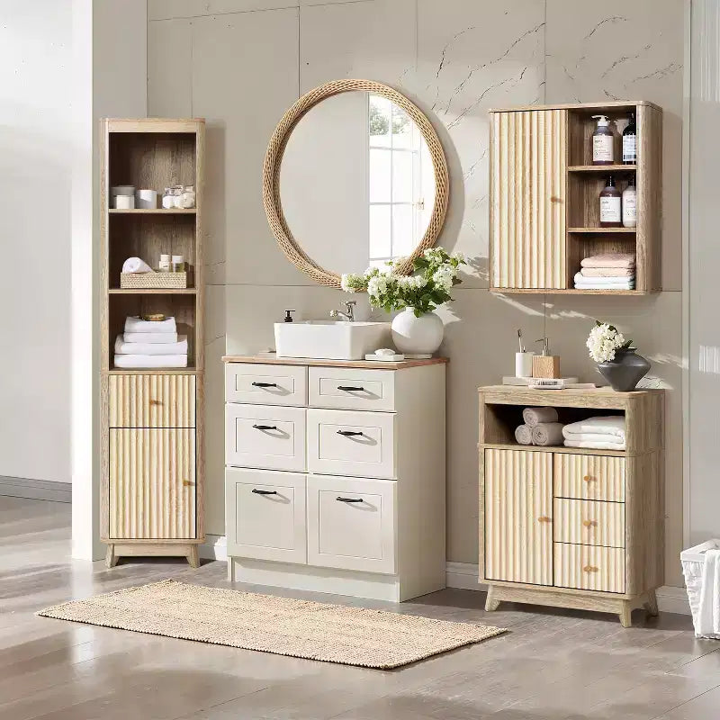 Wave-Patterned Bathroom Tower Cabinet with 1 Drawer & 1 Door, Natural Brown Finish