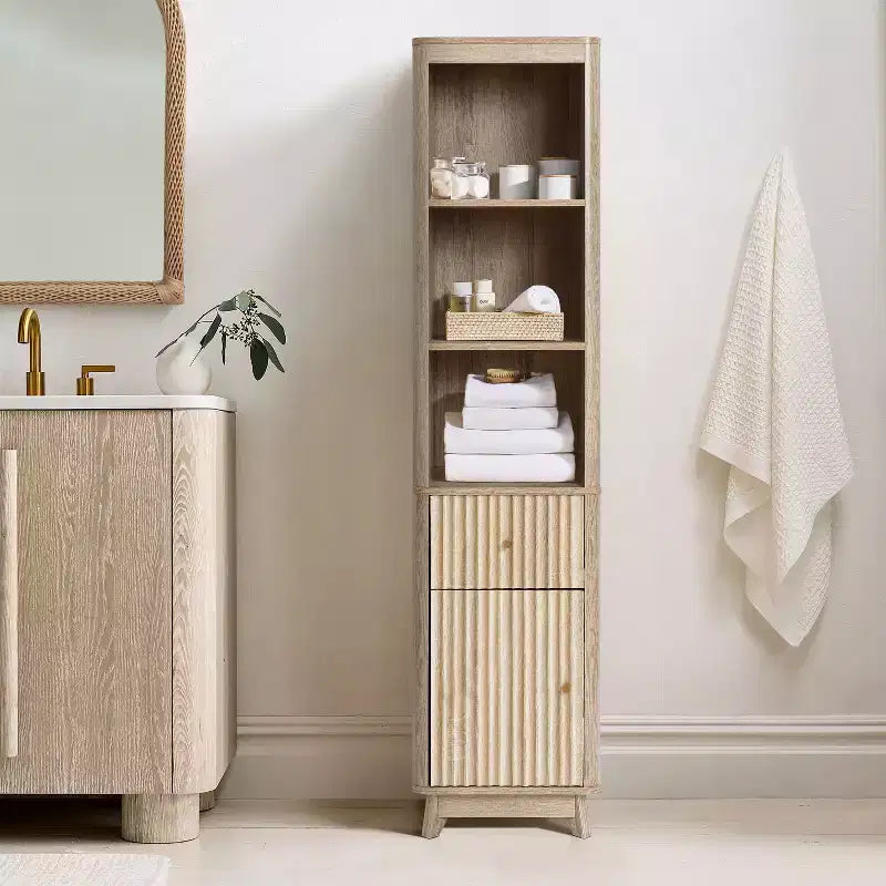 Wave-Patterned Bathroom Tower Cabinet with 1 Drawer & 1 Door, Natural Brown Finish