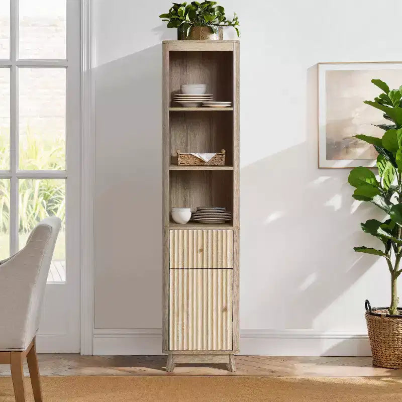 Wave-Patterned Bathroom Tower Cabinet with 1 Drawer & 1 Door, Natural Brown Finish