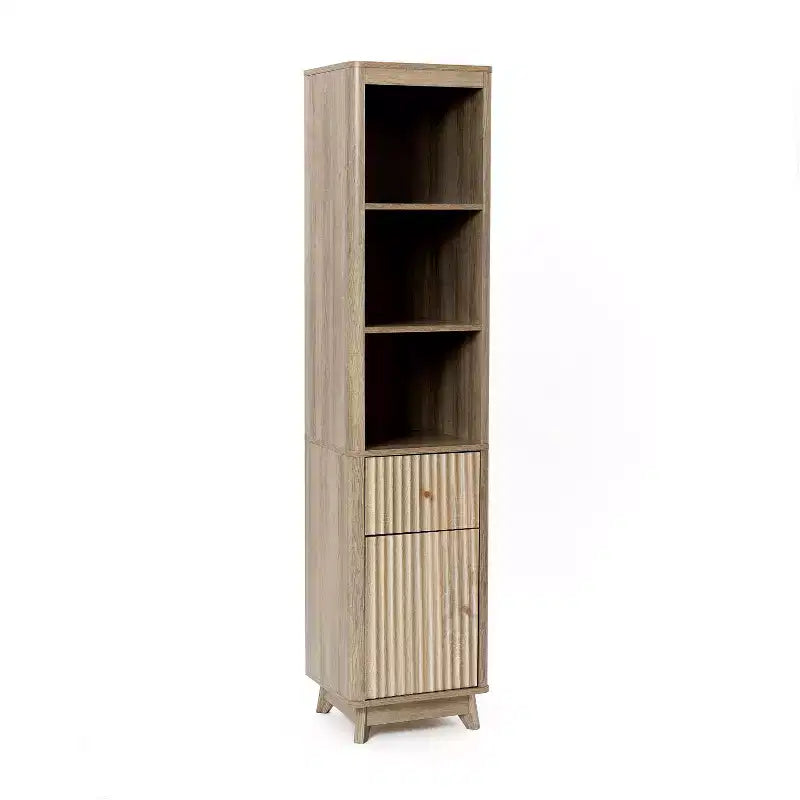 Wave-Patterned Bathroom Tower Cabinet with 1 Drawer & 1 Door, Natural Brown Finish