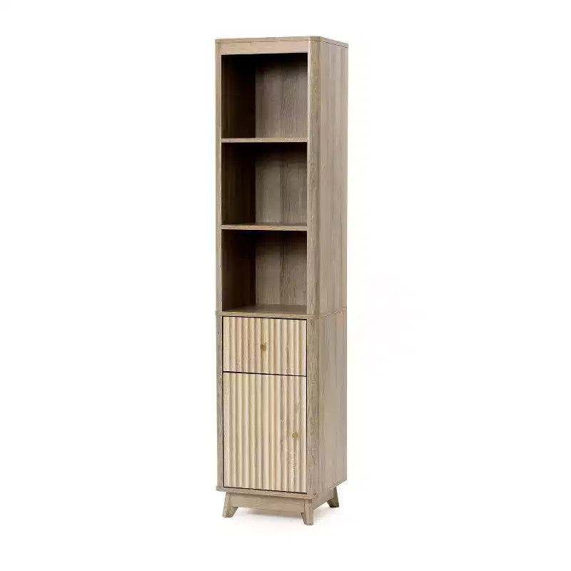 Wave-Patterned Bathroom Tower Cabinet with 1 Drawer & 1 Door, Natural Brown Finish