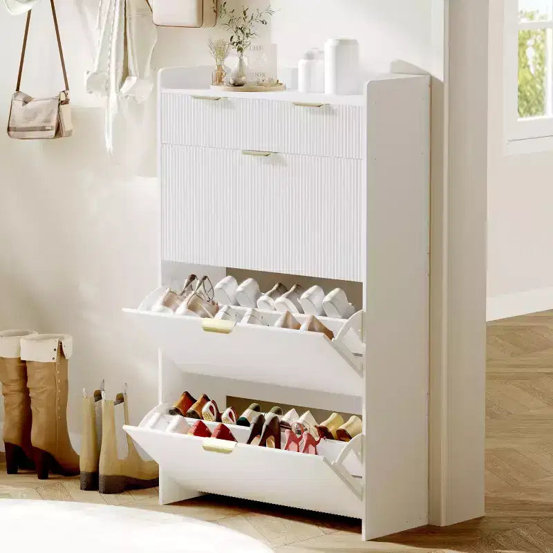 31.5 Fluted Slim Shoe Storage Cabinet for Entryway with 2 Drawers and Adjustable Shelf