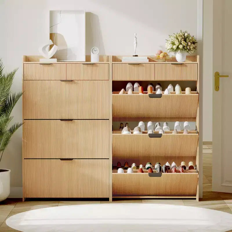 31.5 Fluted Slim Shoe Storage Cabinet for Entryway with 2 Drawers and Adjustable Shelf