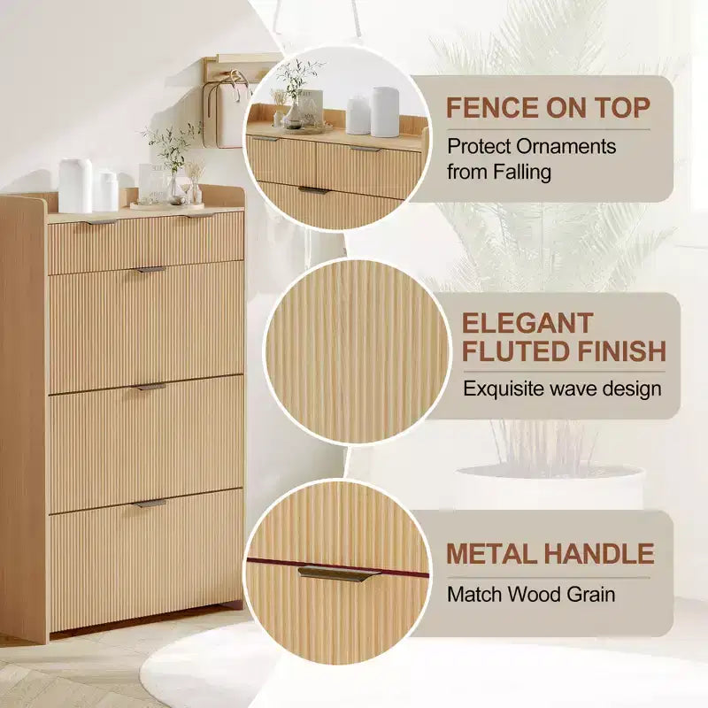 31.5 Fluted Slim Shoe Storage Cabinet for Entryway with 2 Drawers and Adjustable Shelf