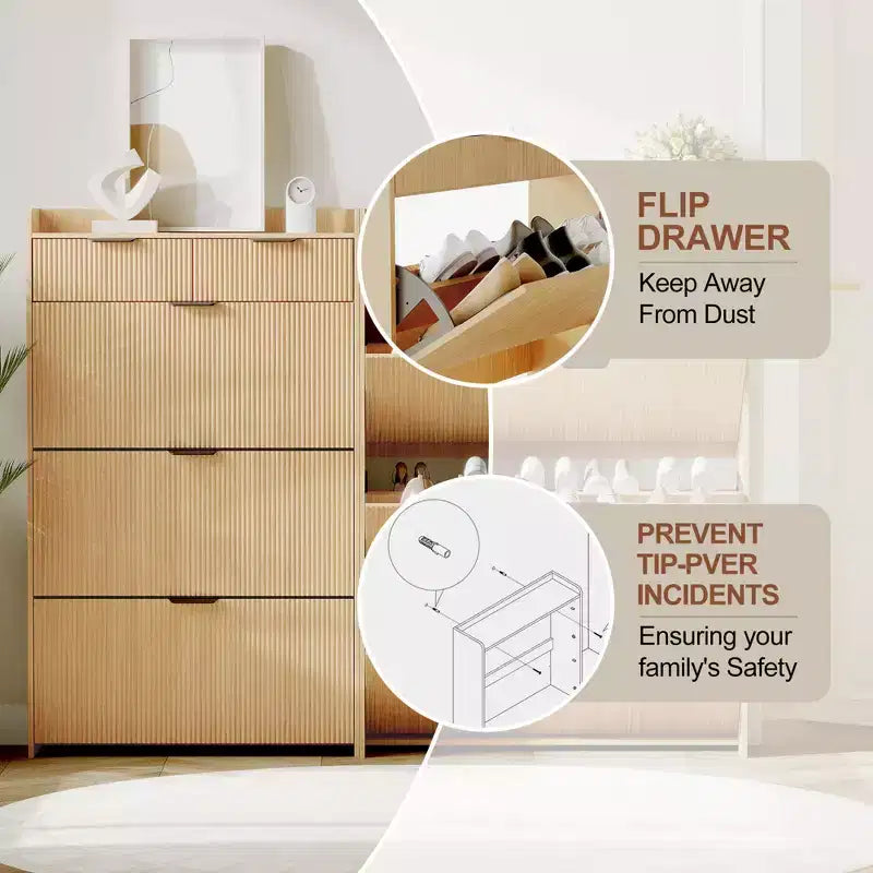 31.5 Fluted Slim Shoe Storage Cabinet for Entryway with 2 Drawers and Adjustable Shelf