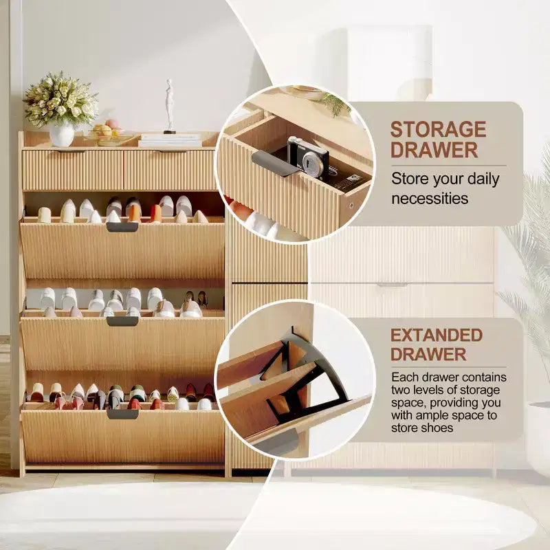31.5 Fluted Slim Shoe Storage Cabinet for Entryway with 2 Drawers and Adjustable Shelf