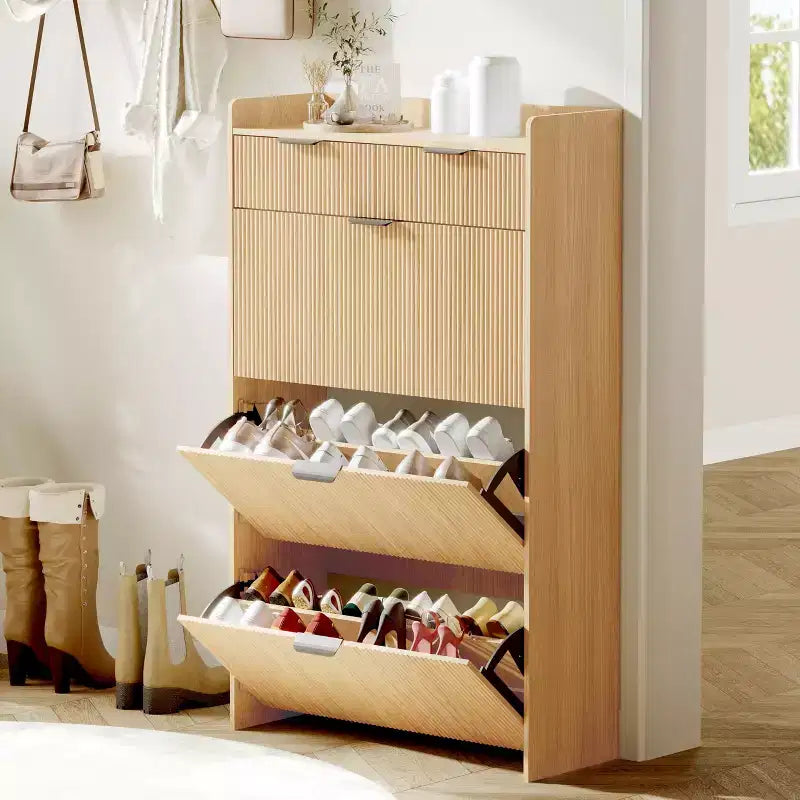 31.5 Fluted Slim Shoe Storage Cabinet for Entryway with 2 Drawers and Adjustable Shelf