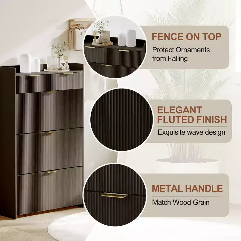 31.5 Fluted Slim Shoe Storage Cabinet for Entryway with 2 Drawers and Adjustable Shelf