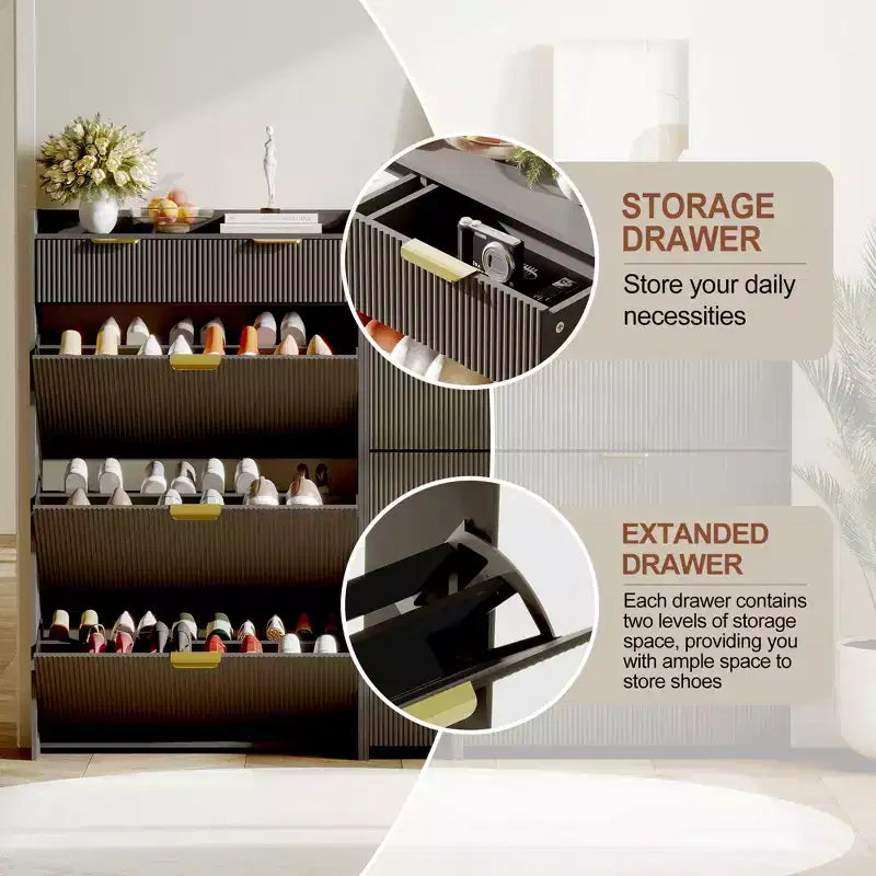 31.5 Fluted Slim Shoe Storage Cabinet for Entryway with 2 Drawers and Adjustable Shelf