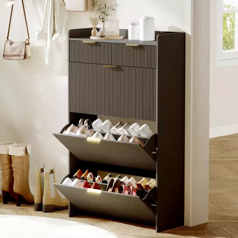 31.5 Fluted Slim Shoe Storage Cabinet for Entryway with 2 Drawers and Adjustable Shelf