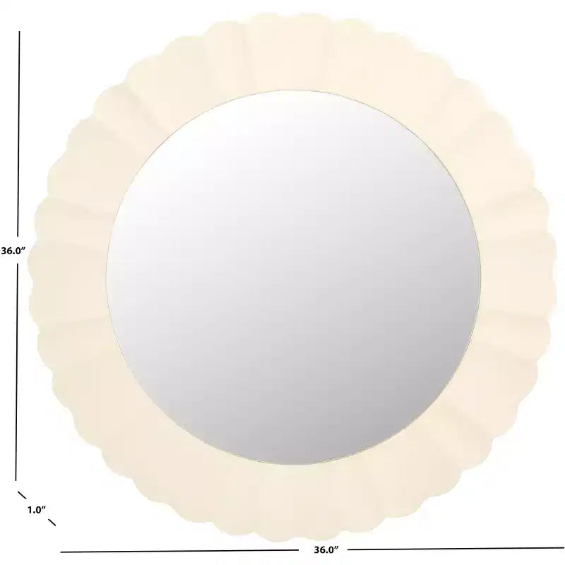 36" Round Scalloped Wall Mirror, White MDF Frame, No Assembly Required