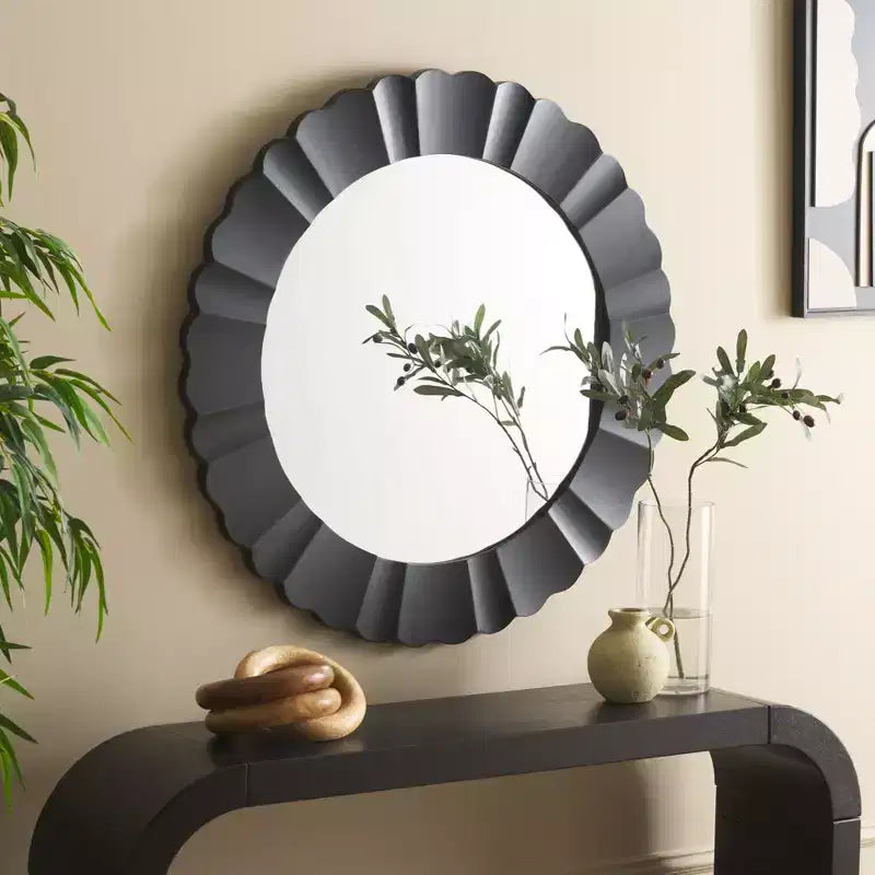 36" Round Scalloped Wall Mirror, White MDF Frame, No Assembly Required