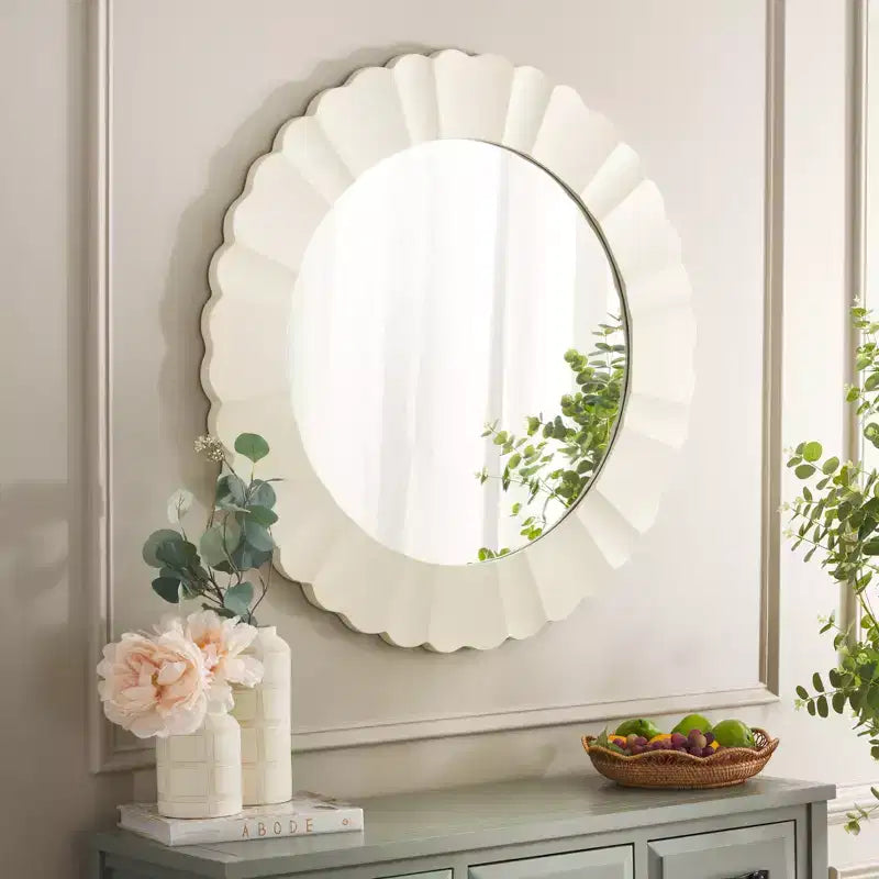 36" Round Scalloped Wall Mirror, White MDF Frame, No Assembly Required
