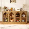 Hostack 4-Door Sideboard Cabinet with Glass Doors, Large Storage Sideboard with Adjustable Shelves for Kitchen and Dining Room, Old Pine