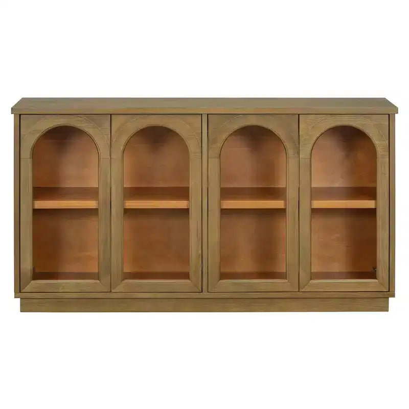 57.7" Sideboard with Arched Glass Doors, Adjustable Shelves & Cable Management, Pine