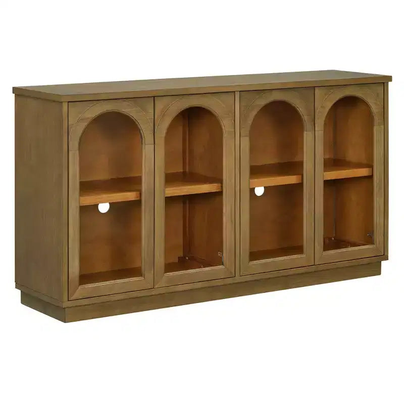 57.7" Sideboard with Arched Glass Doors, Adjustable Shelves & Cable Management, Pine