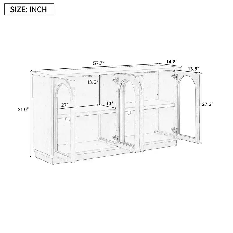57.7" Sideboard with Arched Glass Doors, Adjustable Shelves & Cable Management, Pine