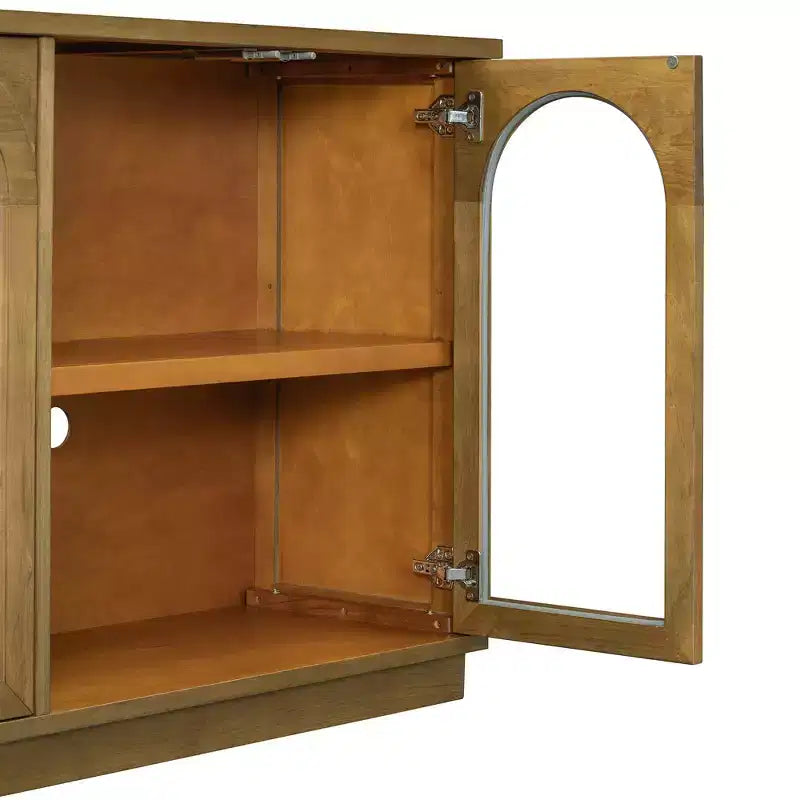 57.7" Sideboard with Arched Glass Doors, Adjustable Shelves & Cable Management, Pine