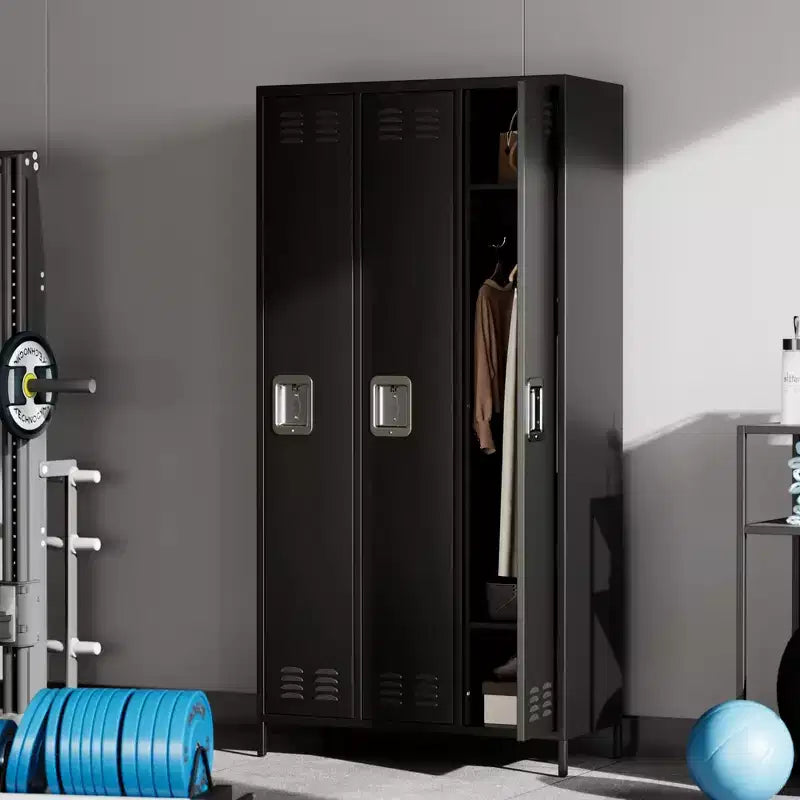72" Industrial 3-Door Steel Locker Cabinet with 6 Shelves, 9 Hooks & Key Locks