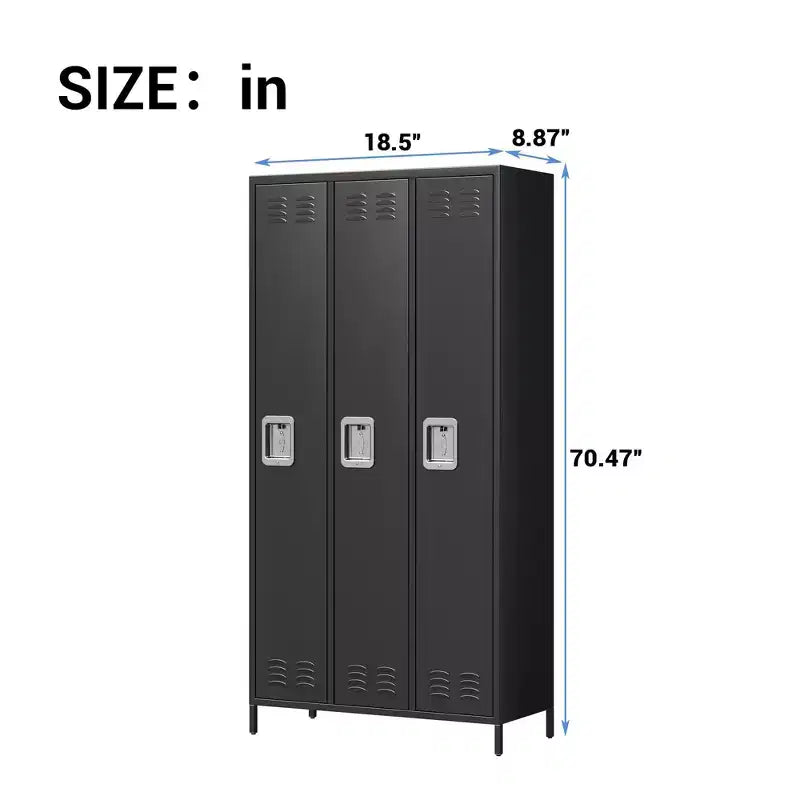 72" Industrial 3-Door Steel Locker Cabinet with 6 Shelves, 9 Hooks & Key Locks