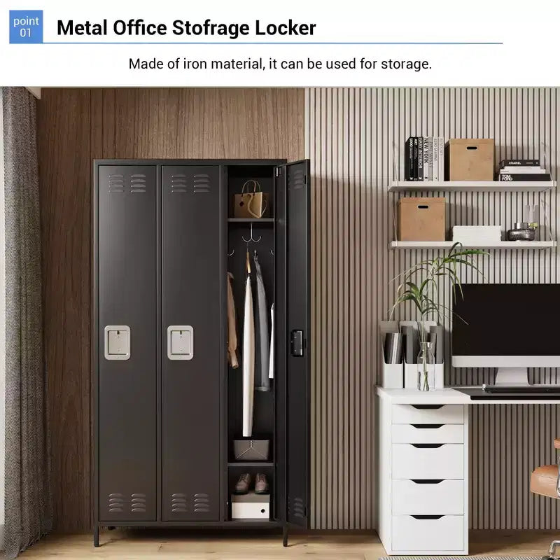 72" Industrial 3-Door Steel Locker Cabinet with 6 Shelves, 9 Hooks & Key Locks
