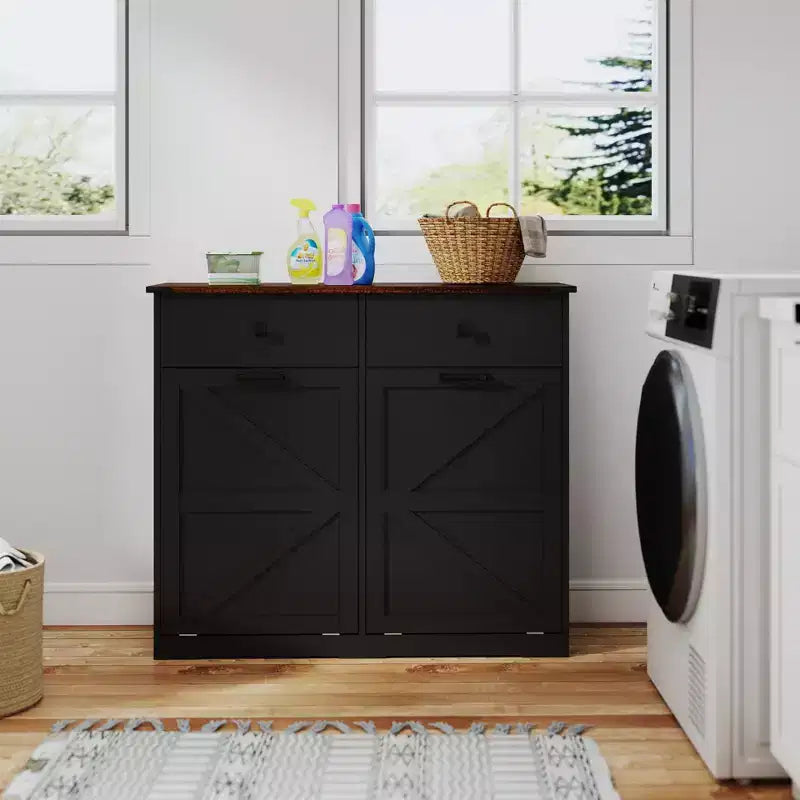 Farmhouse Barn Door Storage Cabinet with 4 Drawers, Freestanding Kitchen Organizer