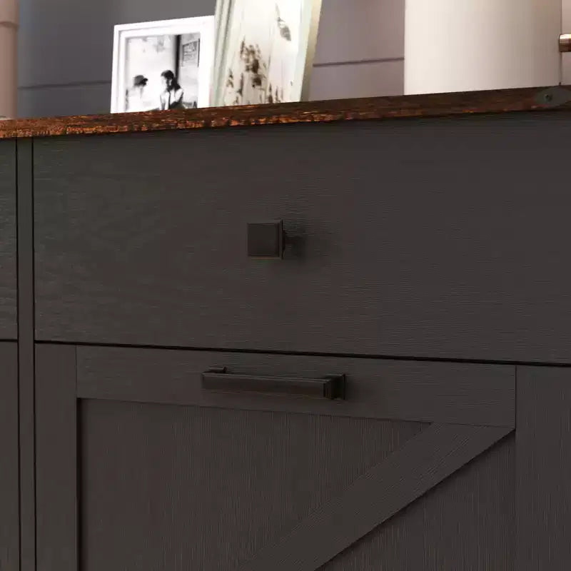 Farmhouse Barn Door Storage Cabinet with 4 Drawers, Freestanding Kitchen Organizer