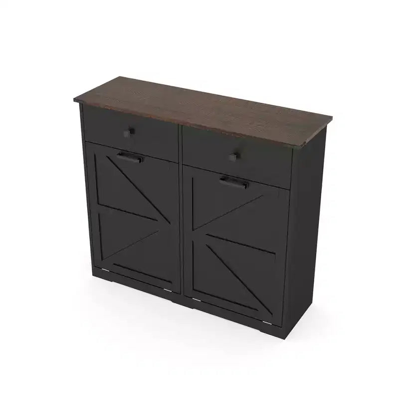 Farmhouse Barn Door Storage Cabinet with 4 Drawers, Freestanding Kitchen Organizer