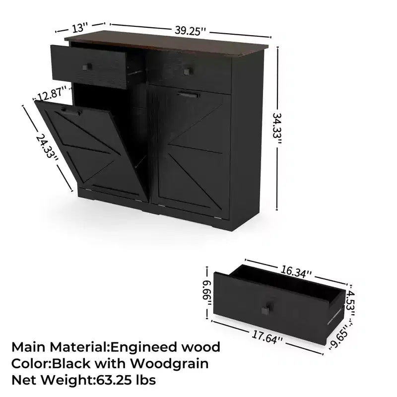 Farmhouse Barn Door Storage Cabinet with 4 Drawers, Freestanding Kitchen Organizer