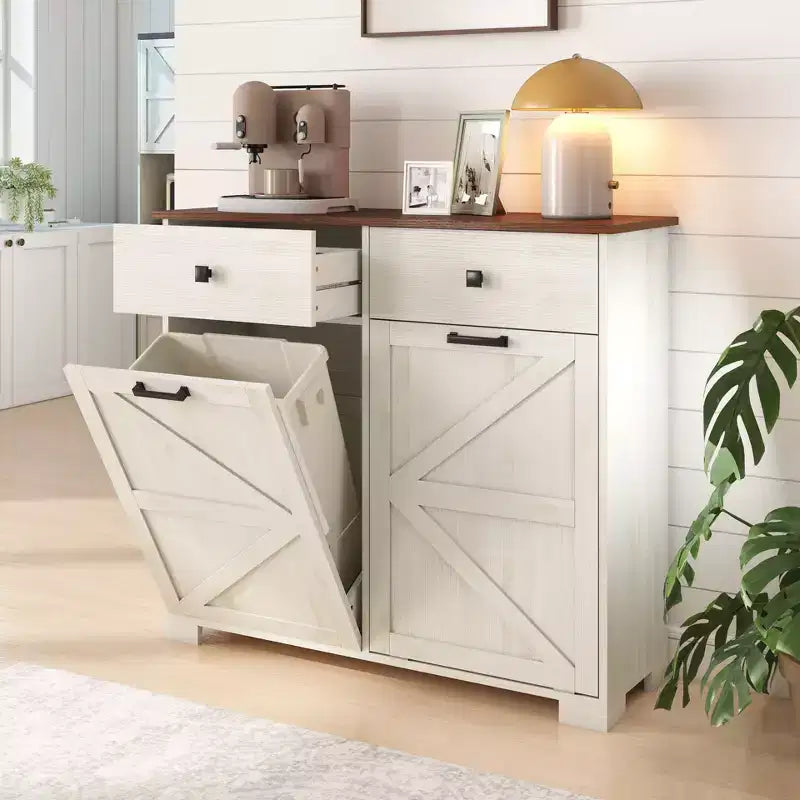 Farmhouse Barn Door Storage Cabinet with 4 Drawers, Freestanding Kitchen Organizer