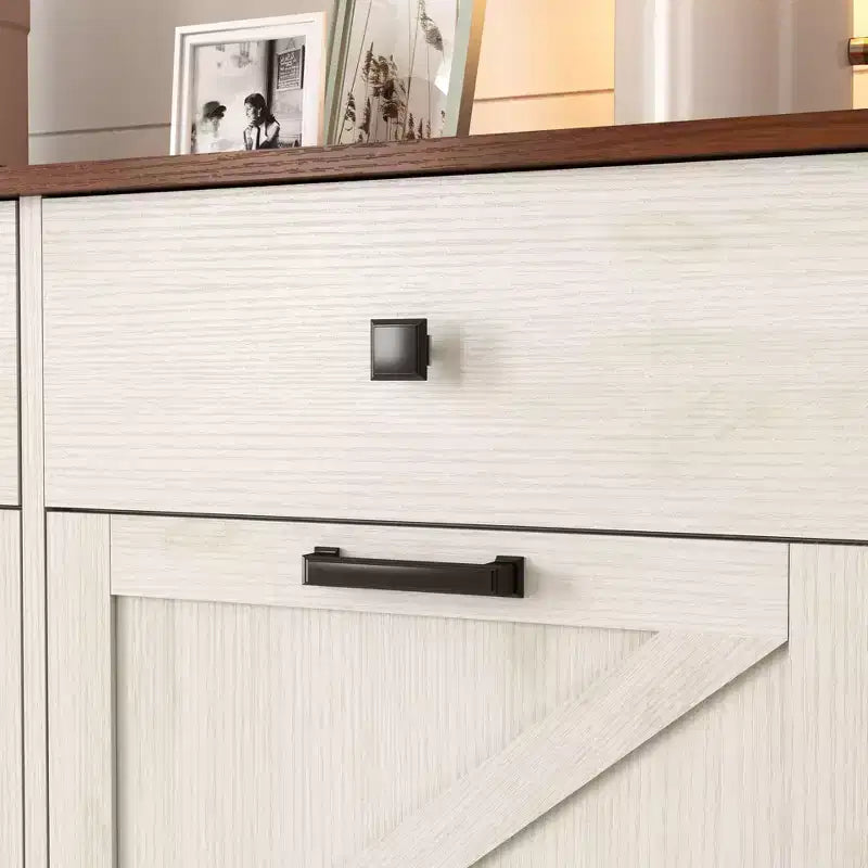 Farmhouse Barn Door Storage Cabinet with 4 Drawers, Freestanding Kitchen Organizer