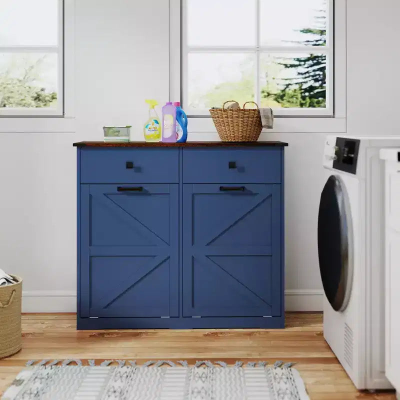 Farmhouse Barn Door Storage Cabinet with 4 Drawers, Freestanding Kitchen Organizer