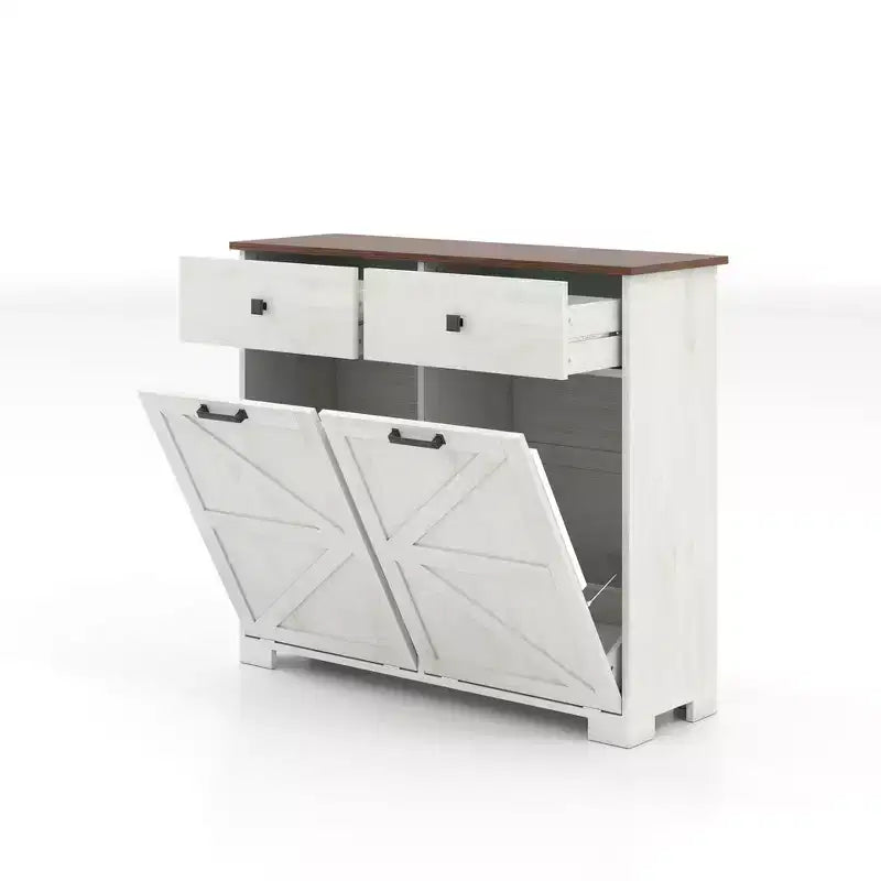 Farmhouse Barn Door Storage Cabinet with 4 Drawers, Freestanding Kitchen Organizer