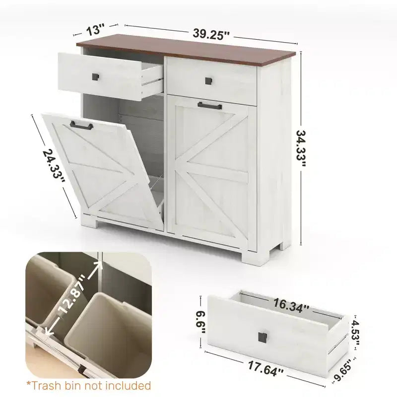 Farmhouse Barn Door Storage Cabinet with 4 Drawers, Freestanding Kitchen Organizer