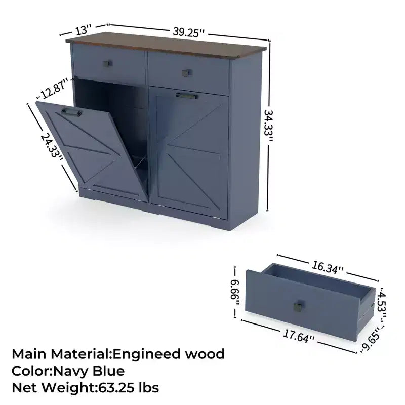 Farmhouse Barn Door Storage Cabinet with 4 Drawers, Freestanding Kitchen Organizer
