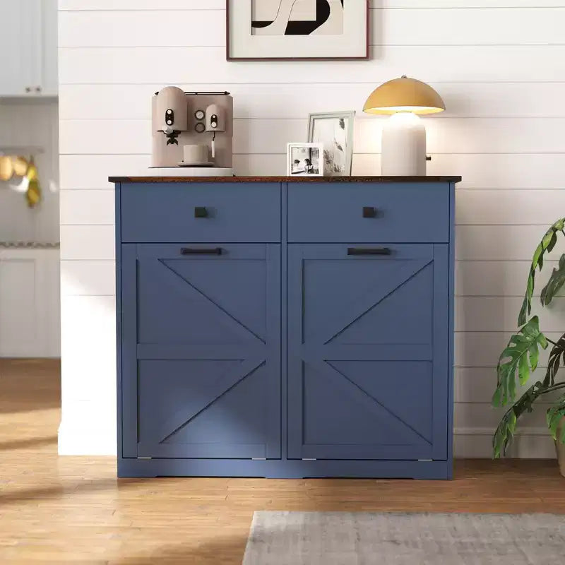 Farmhouse Barn Door Storage Cabinet with 4 Drawers, Freestanding Kitchen Organizer