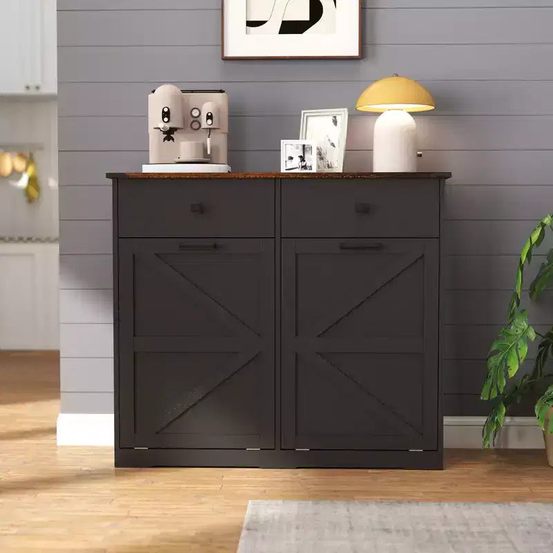 Farmhouse Barn Door Storage Cabinet with 4 Drawers, Freestanding Kitchen Organizer