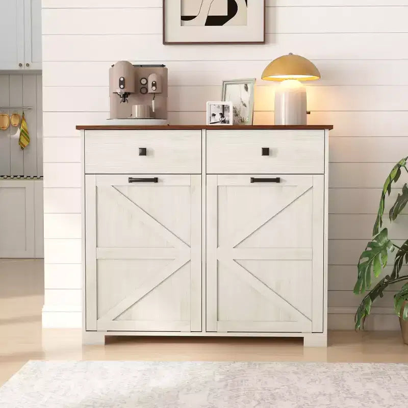 Okak Farmhouse Double Storage Cabinet with 4 Drawers, Free Standing Cabinet, Barn Door Style Laundry Sorter Cabinet for Kitchen