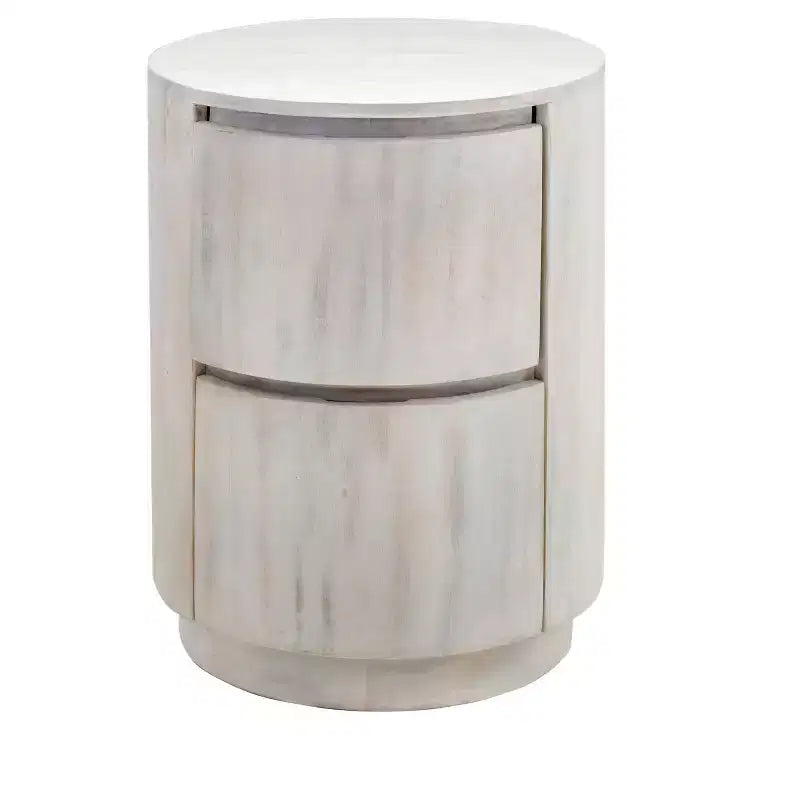 HomeRoots 24 White Solid Wood Round Drum End Table With Two Drawers
