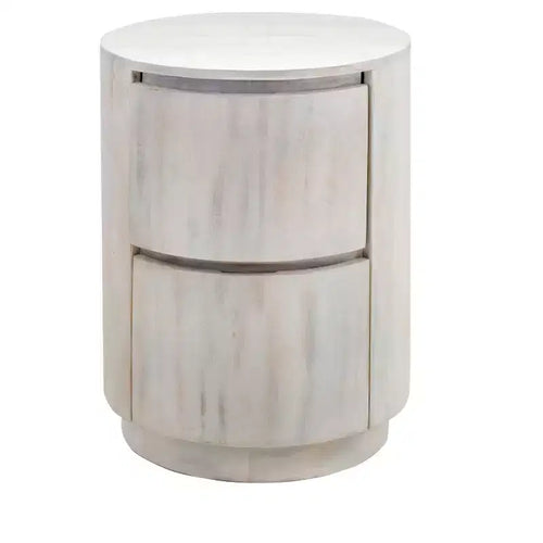 HomeRoots 24 White Solid Wood Round Drum End Table With Two Drawers