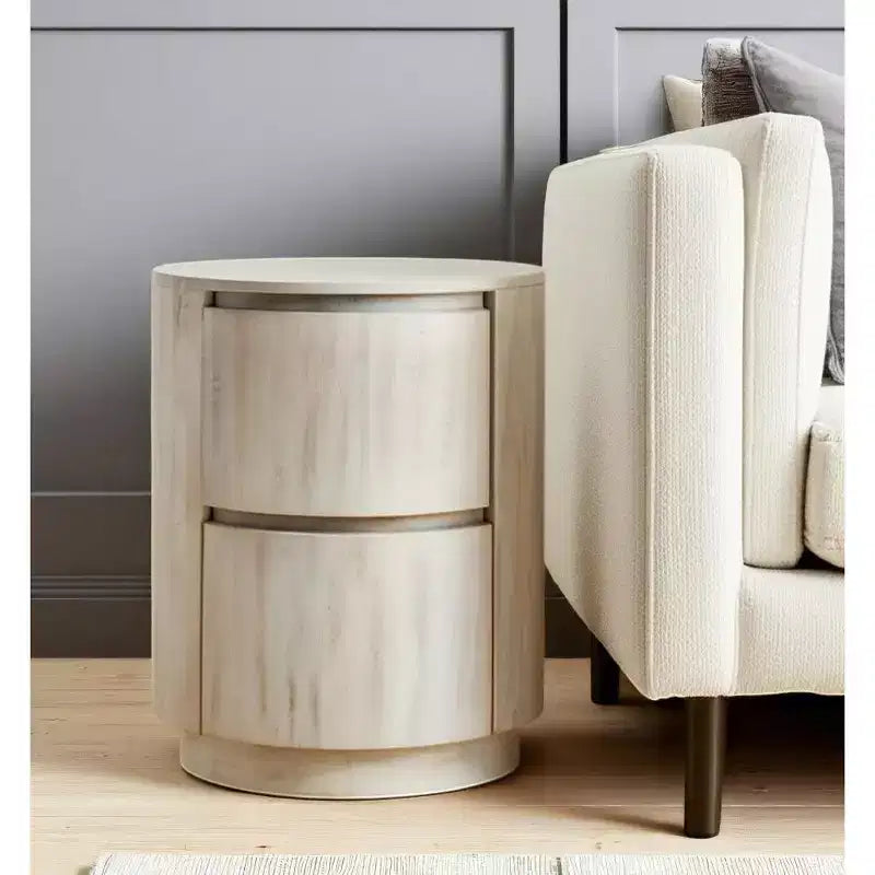 24" White Solid Wood Round Drum End Table with Two Drawers