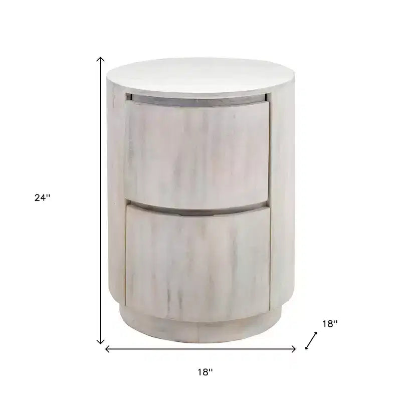 24" White Solid Wood Round Drum End Table with Two Drawers