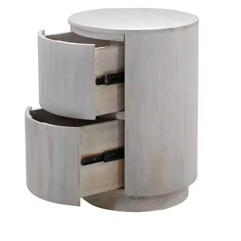 24" White Solid Wood Round Drum End Table with Two Drawers