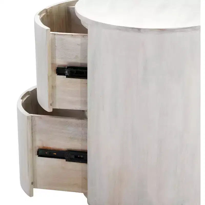 24" White Solid Wood Round Drum End Table with Two Drawers