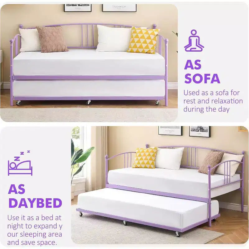 Twin Size Metal Daybed with Trundle & Arched Headboard, Sofa Bed for Living Room